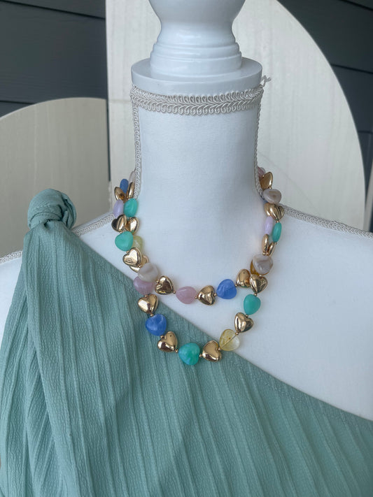 2 layer multi color gold necklace