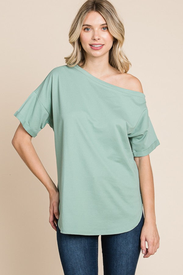 One shoulder top in warm sage