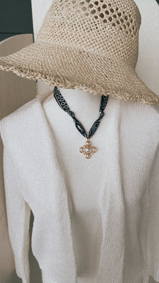 Navy scarf necklace with pearl detail