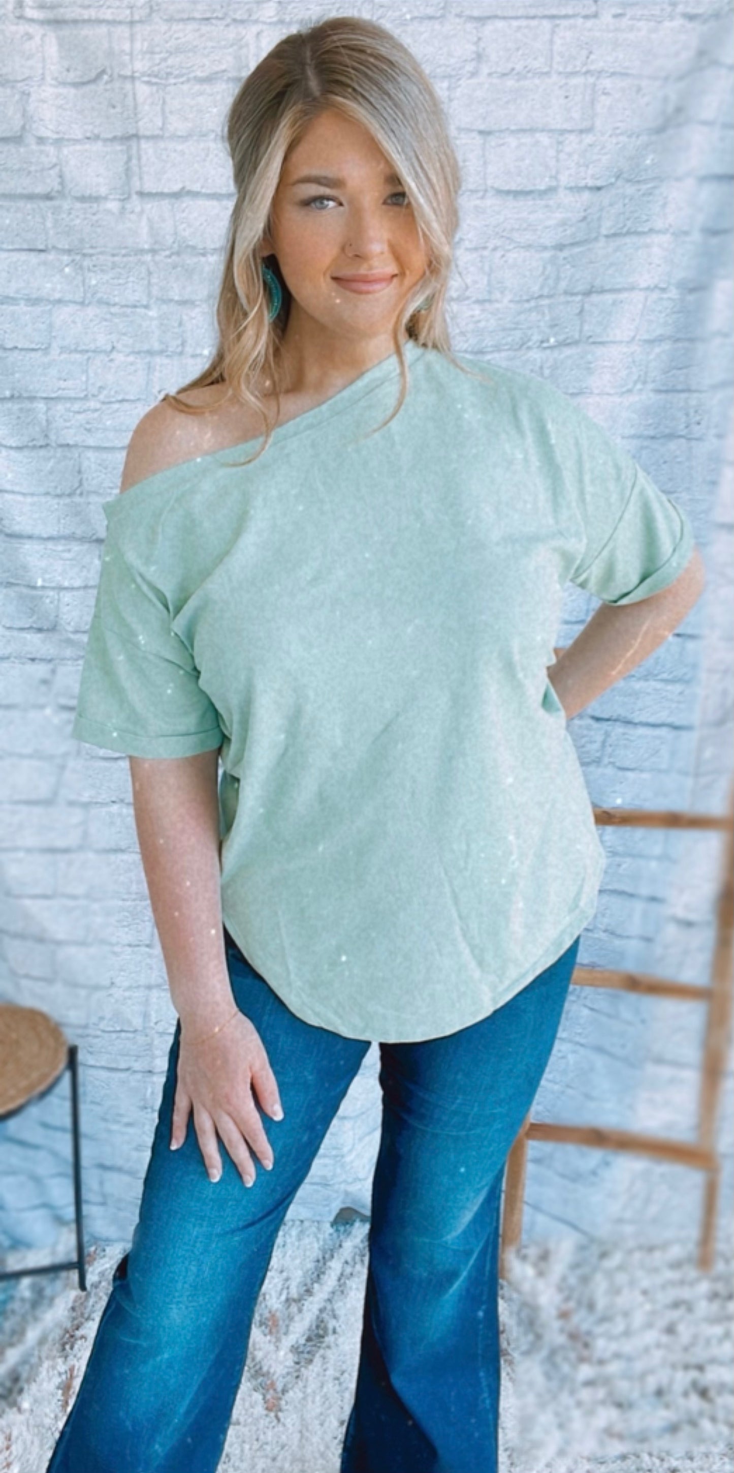 One shoulder top in warm sage