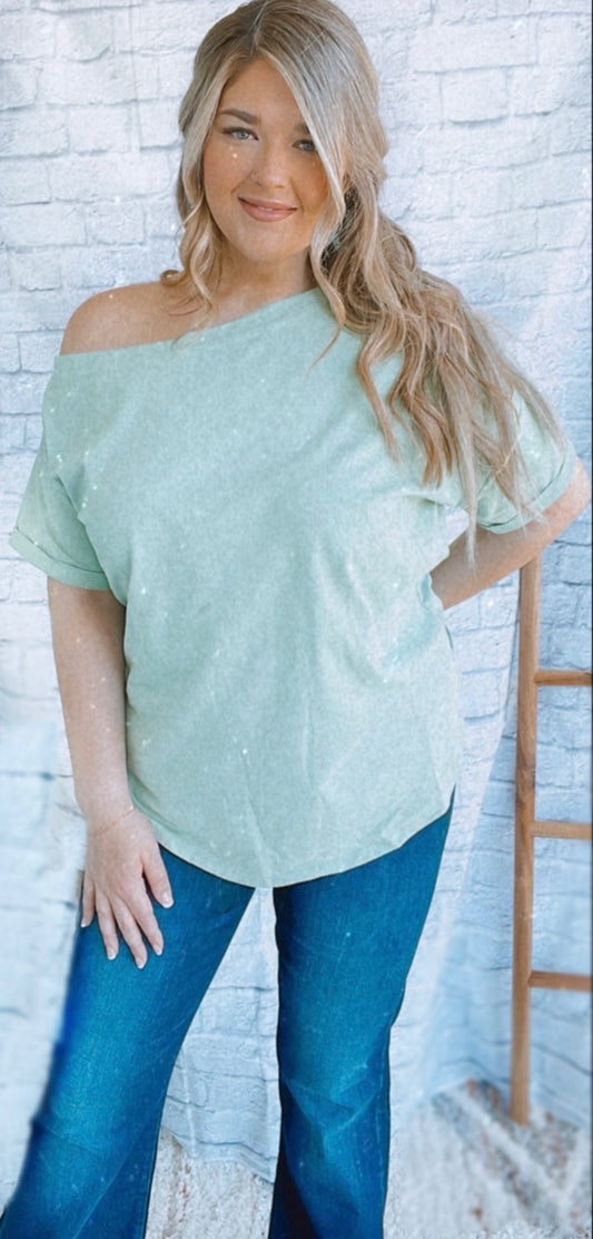 One shoulder top in warm sage